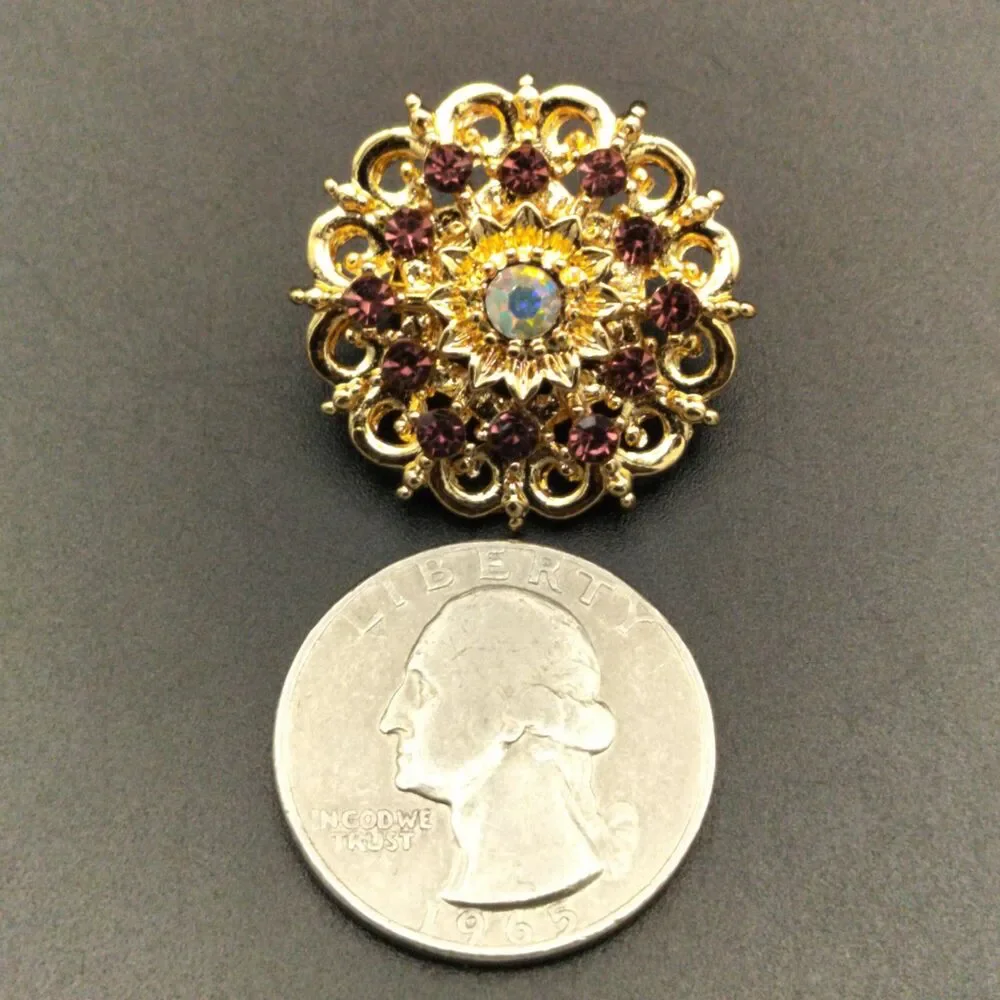 Vintage Style Gold Tone Amethyst Purple & AB Rhinestone Floral Brooch Pin